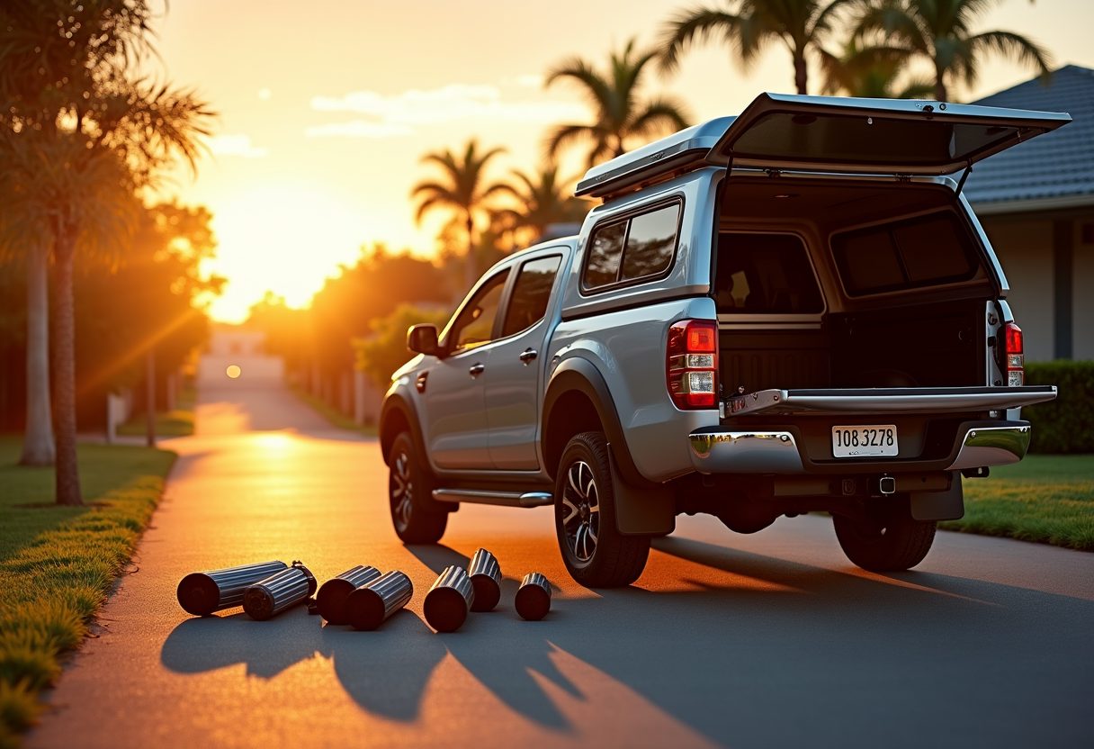 Technician ute with parts laid out at sunset — Kirra